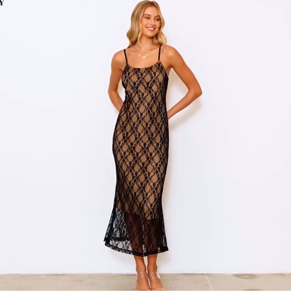 Black Lace Slip Dress with Nude Lining